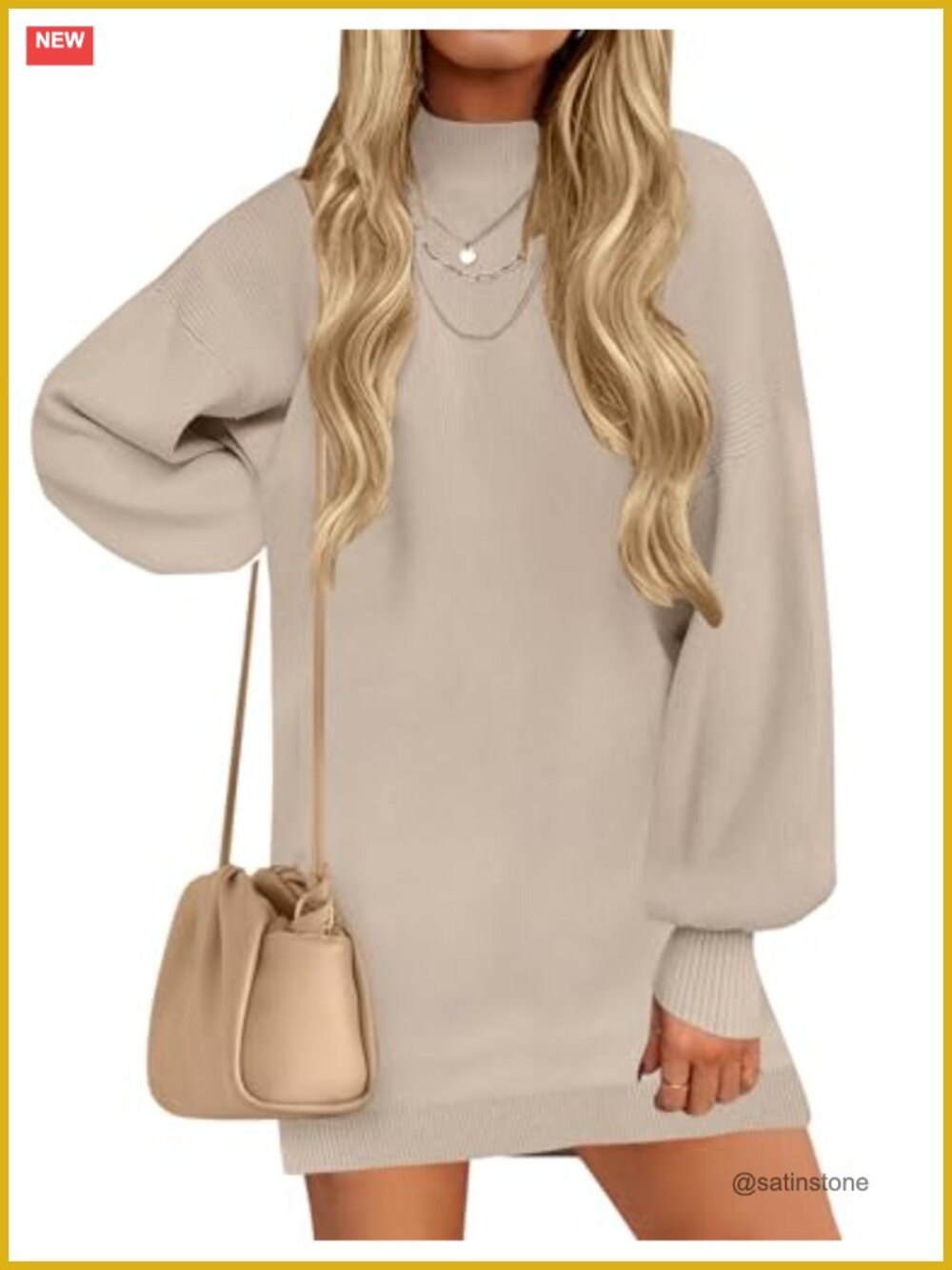 Mock Neck Mini Sweater Dress Lantern Long Sleeve Ribbed Knit Pullover